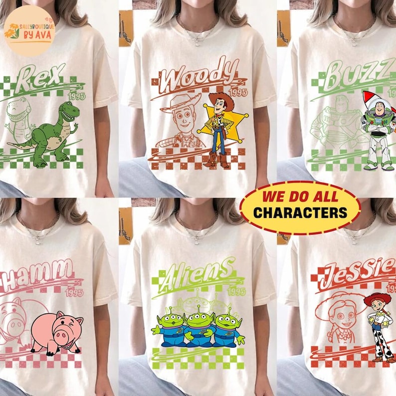 Retro Disneyland Pixar Toy Story All Characters Checkered Signature Shirt, Woody, Buzz, Jessie, Bo Peep, Personalized Group Matching Tee image 1