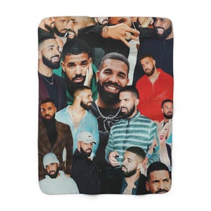 May include: A white fleece blanket featuring a collage of images of Drake. The images show Drake in various poses and outfits, with a variety of facial expressions. The blanket has a soft, plush appearance.