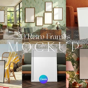 May include: A mockup featuring 20 retro frames in various settings. The image showcases framed art in living rooms, near the beach, and against patterned wallpaper. The frames are in different sizes and colors, with the text "20 Retro Frames MOCKUP" in the center.