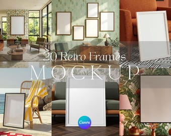 May include: A collection of twenty rectangular picture frames in various sizes and colors, including white, black, and wood tones, displayed in multiple interior settings with blank white centers for digital art or photography mockups.