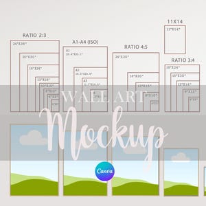 Puede incluir: Imagen de maqueta de arte mural con guía de tallas en pulgadas. Muestra varias relaciones de aspecto y tamaños, incluyendo 24"x36", 20"x30", 16"x24", 12"x10", y tamaños A1-A4 (ISO). Incluye la palabra "Mockup" y el logo de Canva.
