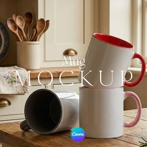 May include: Three white ceramic mugs with colored interiors and handles are stacked on a wooden surface. One mug has a red interior and handle, another has a pink interior and handle, and the third is gray. The word "Mug" and "Mockup" are displayed.