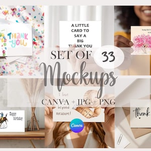 Può includere: Una collezione di mockup di biglietti di auguri con vari design. Le carte presentano frasi come "Grazie" e "Buon compleanno", oltre a immagini di palloncini, un cowboy e un albero di fiori di ciliegio. Include anche il testo "SET OF 33 Mockups CANVA + JPG + PNG".
