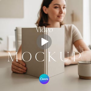 May include: A light gray book mockup with the word "Video" above a play button and the word "MOCKUP" below. A white mug with a brown base sits to the right. The Canva logo is in the bottom right corner.