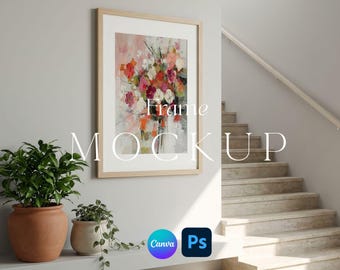 Minimalist Staircase Vertical Frame Mockup 2:3 Ratio PSD Photoshop Photopea Smart Layers Canva Editable Template Realistic Artwork Display