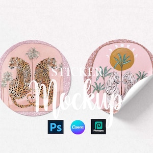 May include: Two round stickers with a pink background. One features two leopards and palm trees, the other has two tigers, palm trees, and a sun. The word "STICKER" and "Mockup" are written on the stickers.