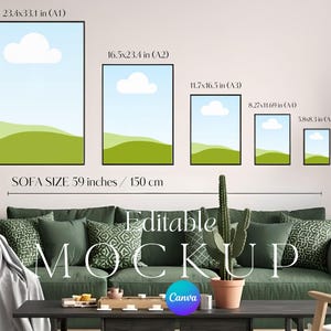 Op de afbeelding: Een mockup met vijf ingelijste landschapskunstafdrukken in verschillende formaten, van 14,7 cm x 21,1 cm tot 59,4 cm x 84,1 cm, boven een groene bank. De tekst "Editable MOCKUP Canva" is zichtbaar.