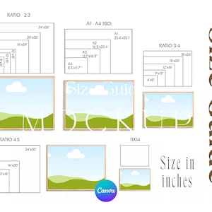 May include: A size guide graphic with various rectangular frames showcasing different aspect ratios and dimensions in inches. The guide includes ratios like 2:3, 3:4, and 4:5, with sizes ranging from 4x5 to 24x36 inches. The text "Size Guide" and "Size in inches" are also present.