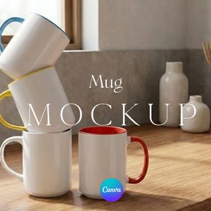May include: A stack of white ceramic mugs with colored handles and interiors. One mug has a blue handle, another yellow, and a third has a red interior and handle. The word "Mug" and "MOCKUP" are displayed in the image.