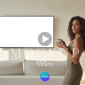 Video TV Frame Mockup Canva Bearbeitbare Vorlage 16: 9 Horizontale Anzeige MP4 10 Sekunden Lady Trinkt Kaffee Plus Passendes Produktfoto Mockup