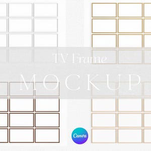Conjunto de 12 Mockups de Molduras de TV em Dourado, Branco e Madeira - Modelo Editável em Canva - Personalizável - Arraste e Solte - Horizontal/Paisagem - Samsung