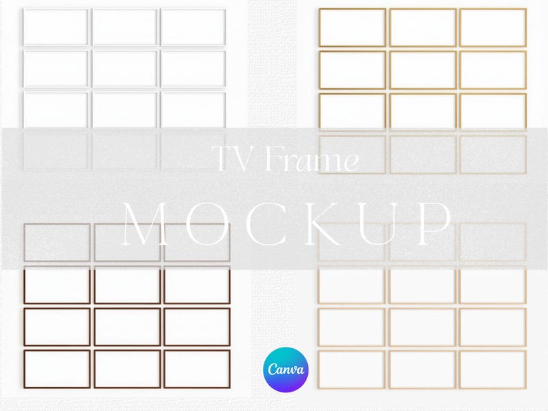 TV Frame Mockup Bundle Set of 12 Frames Gold White Wood Canva Editable Template Customizable Drag and Drop Horizontal Landscape Samsung TV