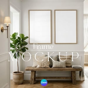 May include: Interior scene with two blank framed art mockups on a white wall. A wooden bench with pillows and a plant in a pot are in front of the wall. The text "Frame Mockup" is overlaid on the image.