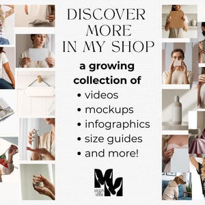 K&ouml;nnte beinhalten: Eine digitale Collage mit verschiedenen Produkt-Mockups, darunter T-Shirts mit Grafikdrucken, leere Flaschen und Papierdisplays. Der zentrale Text lautet: DISCOVER MORE IN MY SHOP, a growing collection of videos, mockups, infographics, size guides, and more!
