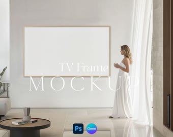 TV Frame Mockup 16:9 Ratio PSD Photoshop Canva Editable Template Customizable Drag and Drop Jpg Png Minimalist Living Room with Person
