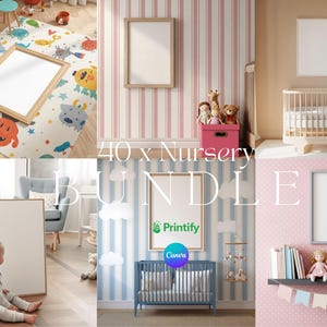 Könnte beinhalten: Ein digitales Paket mit 40 Wandkunst-Mockups für Kinderzimmer, die verschiedene leere Holz- und farbige Rahmen in dekorierten Räumen mit Kinderbetten, Spielzeug, gemusterten Tapeten und Teppichen zeigen. Der Text 40 x Nursery BUNDLE ist sichtbar.