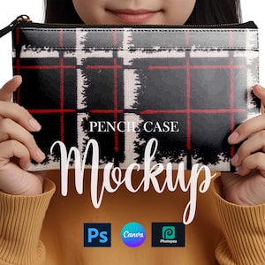 Maqueta de estuche para lápices, Canva, PSD, Photoshop, impresión integral, objeto inteligente, Printify, plantilla de bolsa POD para impresión bajo demanda, foto de archivo, etiqueta, marca
