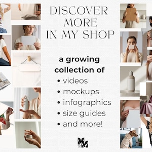 Puede incluir: Imagen promocional con el texto "DISCOVER MORE IN MY SHOP" y una lista de tipos de productos: videos, maquetas, infograf&iacute;as y gu&iacute;as de tallas. La imagen presenta un collage de fotos de estilo de vida que muestran varios productos y maquetas.