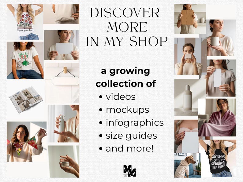 Puede incluir: Imagen promocional con el texto "DISCOVER MORE IN MY SHOP" y una lista de tipos de productos: videos, maquetas, infograf&iacute;as y gu&iacute;as de tallas. La imagen presenta un collage de fotos de estilo de vida que muestran varios productos y maquetas.