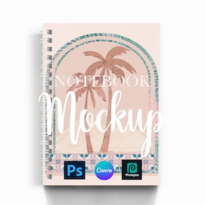 May include: A spiral-bound notebook mockup with a light beige cover. The cover features a watercolor design of two palm trees and the word "NOTEBOOK" above the word "Mockup" in a script font. The bottom has three app logos.