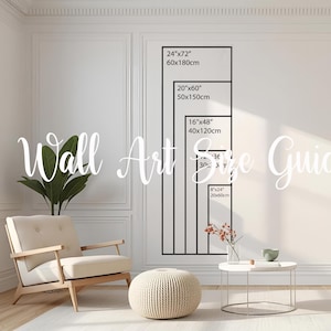 Può includere: Una guida alle dimensioni delle opere d'arte da parete con dimensioni in pollici e centimetri. La guida mostra dimensioni come 24"x72" (60x180cm), 20"x60" (50x150cm), 16"x48" (40x120cm), 36"x36" (91x91cm) e 8"x24" (20x60cm). Il testo "Wall Art Size Guide" è visibile.