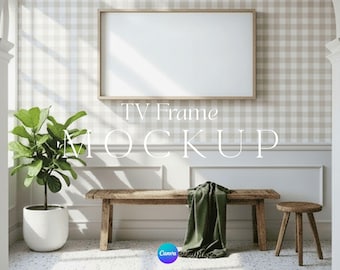 TV Frame Mockup Cottagecore Decor Canva Editable Template Customizable Drag and Drop Horizontal Landscape Samsung Frame Gingham Wallpaper
