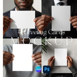 Greeting Card Mockup Men Holding Cards Set of 4 PSD Photoshop Photopea Files Male Persons Dad Boyfriend (Size A7 JPG) Canva Template Link