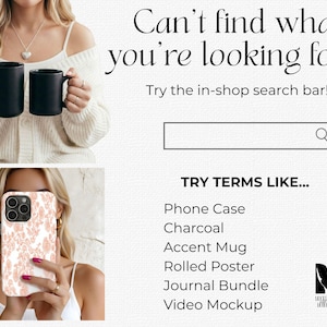 Puede incluir: La imagen muestra a una mujer con dos tazas negras y otra con una funda de tel&eacute;fono floral. El texto indica usar la barra de b&uacute;squeda y sugiere t&eacute;rminos como "Funda de tel&eacute;fono" y "Taza decorativa".