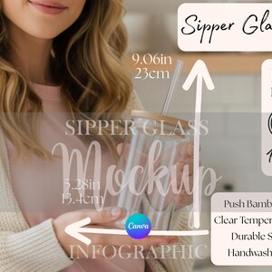 May include: Clear glass sipper with a bamboo lid and straw. The glass is 9.06 inches (23 cm) tall and holds 16 oz. Features include a durable straw and is BPA-free. The text on the glass says "Sipper Glass Mockup".