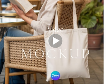 Video Mockup Tote Bag with Woman Reading for POD Sellers 7 Second MP4 Template Canvas Bag Animated Product Store Graphics for ETSY Shop