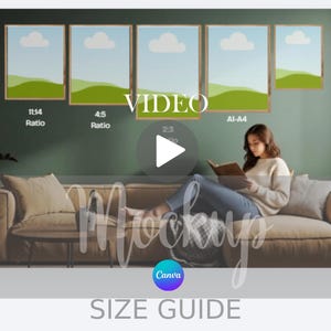 Puede incluir: Una escena de maqueta con impresiones artísticas enmarcadas con imágenes de paisajes, exhibidas sobre un sofá. La escena incluye a una mujer leyendo un libro, con texto que dice "VIDEO", "Mockup", "Canva" y "SIZE GUIDE".