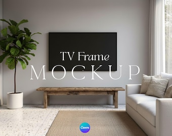 TV Frame Mockup Modern Minimalist Decor Canva Editable Template Customizable Drag and Drop Living Room Horizontal Landscape Samsung Frame
