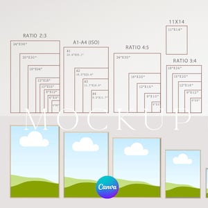 Guía de tallas de arte mural, plantilla editable de Canva para vendedores de Etsy, guía de impresión de marcos de impresión digital, cuadro comparativo, maqueta JPG PNG con función de arrastrar y soltar