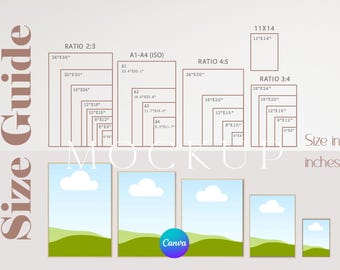 Wall Art Size Guide Bearbeitbare Canva-Vorlage für Etsy-Verkäufer Digitaldruckrahmen Druckanleitung Vergleichstabelle Ziehen & Ablegen JPG PNG Mockup