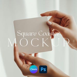 May include: A plain, off-white square coaster with rounded corners. The text "Square Coaster MOCKUP" is overlaid in white serif and sans-serif fonts. Small circular icons for Canva and Photoshop are visible at the bottom of the image.