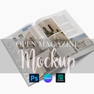 May include: An open magazine mockup against a light grey backdrop. The magazine features architectural images and text. The words "OPEN MAGAZINE" and "Mockup" are overlaid. Software icons for Photoshop, Canva, and Photopea are at the bottom of the image.