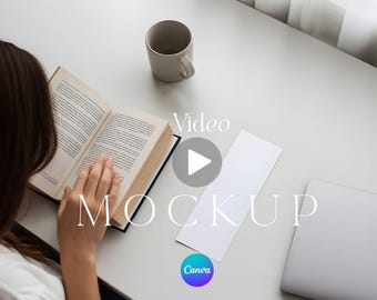 Video Bookmark Mockup Canva Drag and Drop Template ETSY Store POD Sellers Animated 6 Second MP4 with Person and Book Holder Tag Strip Flap