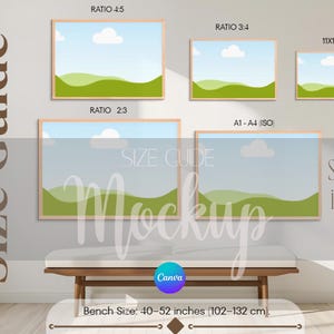 May include: A wall display featuring framed landscape art in various aspect ratios and sizes, including 11x14 inches. The image includes the text "Size Guide" and "Mockup", with a bench below. The bench size is 40-52 inches (102-132 cm).