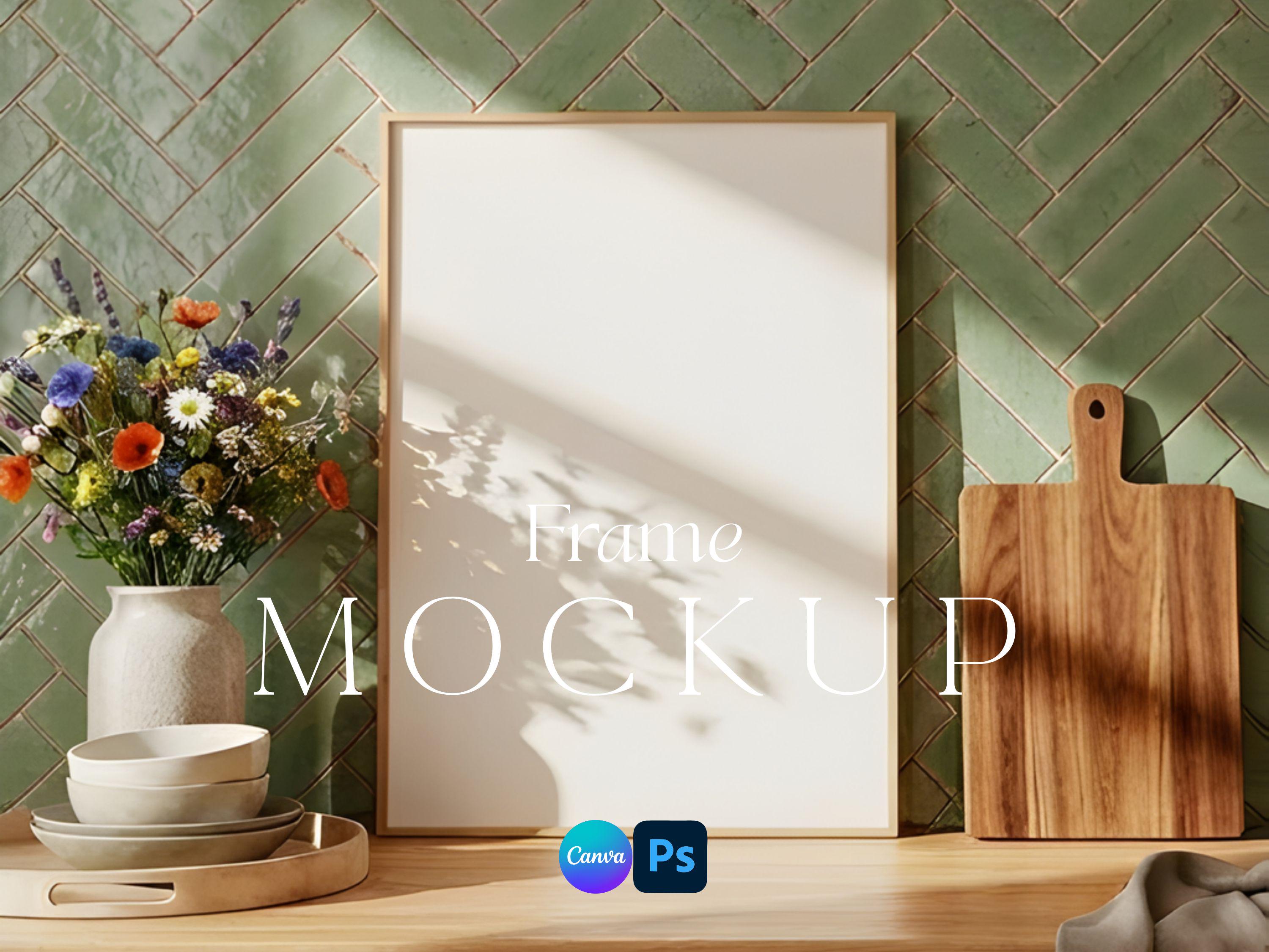 Kitchen Frame Mockup Canva Drag and Drop PSD Photoshop Vertical Poster Presentation Print Template Farmhouse Cottagecore Wall Art Canvas ISO