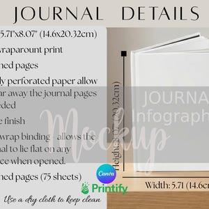 May include: A white journal with the text "JOURNAL" and "Infographic" is displayed on a wooden surface. The journal is 5.71" wide and 8.07" high. Details include 150 lined pages, a matte finish, and a casewrap binding.