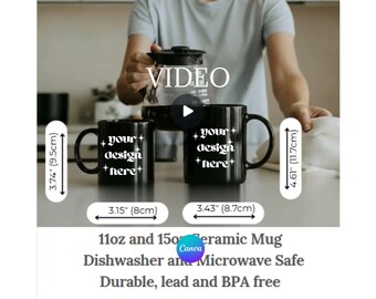 Black Ceramic Mug Size Chart Video Measurements Information Mockup Printify 11oz 15oz Care Guide Designs MP4 Product Display for ETSY Seller