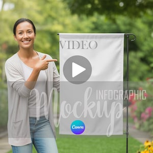 以下が含まれることがあります： 女性が「VIDEO INFOGRAPHIC Mockup」という文字と再生ボタンのグラフィックが入った白いガーデンフラッグのモックアップを指しています。旗は黒い金属製のスタンドにあり、下部にCanvaのロゴがあります。背景は庭です。