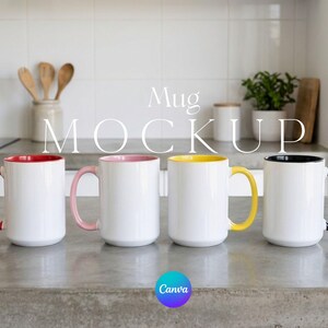 Printify Accent Mug Mockup Set of 4 Yellow Red Black Pink ETSY Seller Coffee Cup Shop Image Stacked Mugs in Kitchen Lifestyle Photo