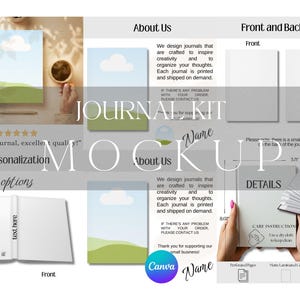 Puede incluir: Maqueta de kit de diario con vistas frontal y posterior. La portada presenta un diseño de cielo azul y paisaje verde. El diario incluye páginas rayadas, una cubierta laminada mate y encuadernación de tapa dura. El texto "JOURNAL KIT MOCKUP" es visible.