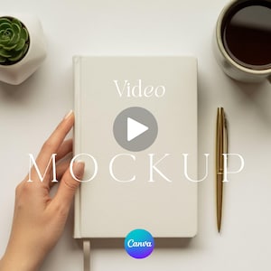 Maqueta de video de libro de Canva, lista de diario de tapa dura para vendedores de POD, plantilla MP4 de 10 segundos, cuaderno animado con persona, producto para tienda ETSY