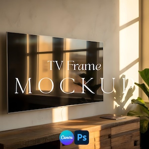 Modern TV Frame Mockup 16:9 Ratio PSD Photoshop Canva Editable Template Customizable Drag and Drop Rustic Farmhouse Living Room Decor