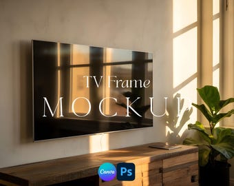 Modern TV Frame Mockup 16:9 Ratio PSD Photoshop Canva Editable Template Customizable Drag and Drop Rustic Farmhouse Living Room Decor