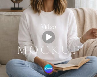 Video de maqueta de sudadera Gildan 18000 para niña con suéter blanco de cuello redondo, lista de Printify, tienda de ropa POD, plantilla MP4 de 10 segundos, gráfico de persona