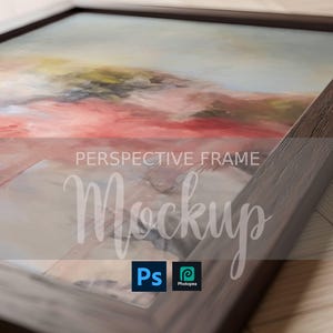 May include: A framed artwork mockup with a brown wooden frame. The artwork features a colorful abstract painting with red, yellow, and blue hues. The text "PERSPECTIVE FRAME Mockup" is overlaid on the image, along with the Photoshop and Photopea logos.