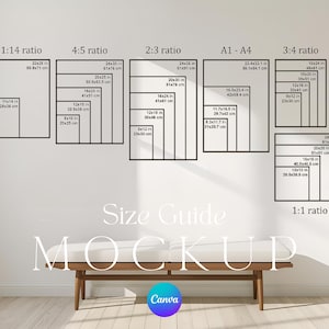 May include: A white wall displays a size guide mockup with various rectangular frames representing different aspect ratios. The guide includes measurements in inches and centimeters. A wooden bench with a white cushion sits below the guide. The Canva logo is visible.